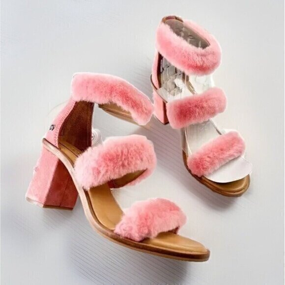 UGG sandals womens 6 Pink Del Rey Fluff Heel Open Toe Zip Closure - Picture 2 of 16